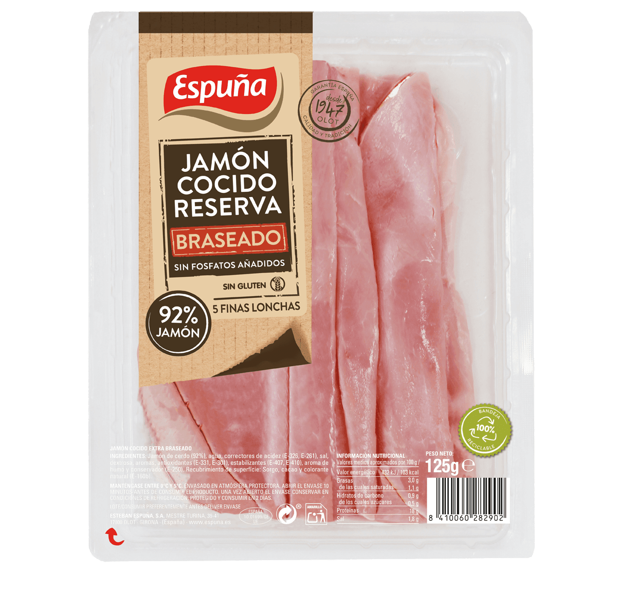 Jamón cocido braseado finas lonchas 125g - 92% jamón